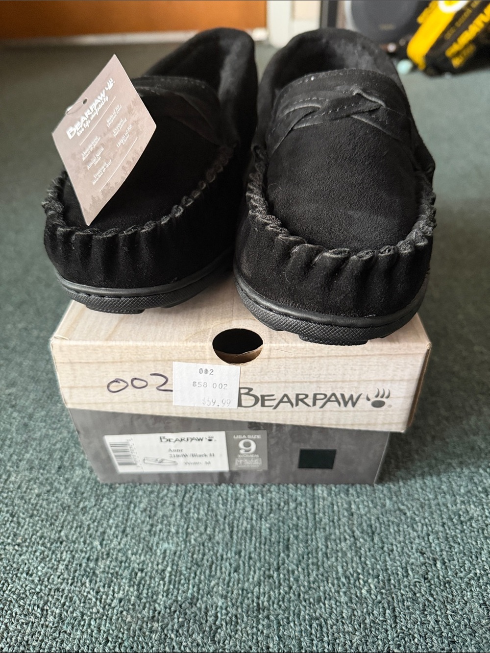 Bearpaw woman’s Anne  Black Suede Moccasin Slippers